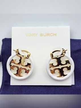 Tory Burch Gold and White Logo Hoop Earrings